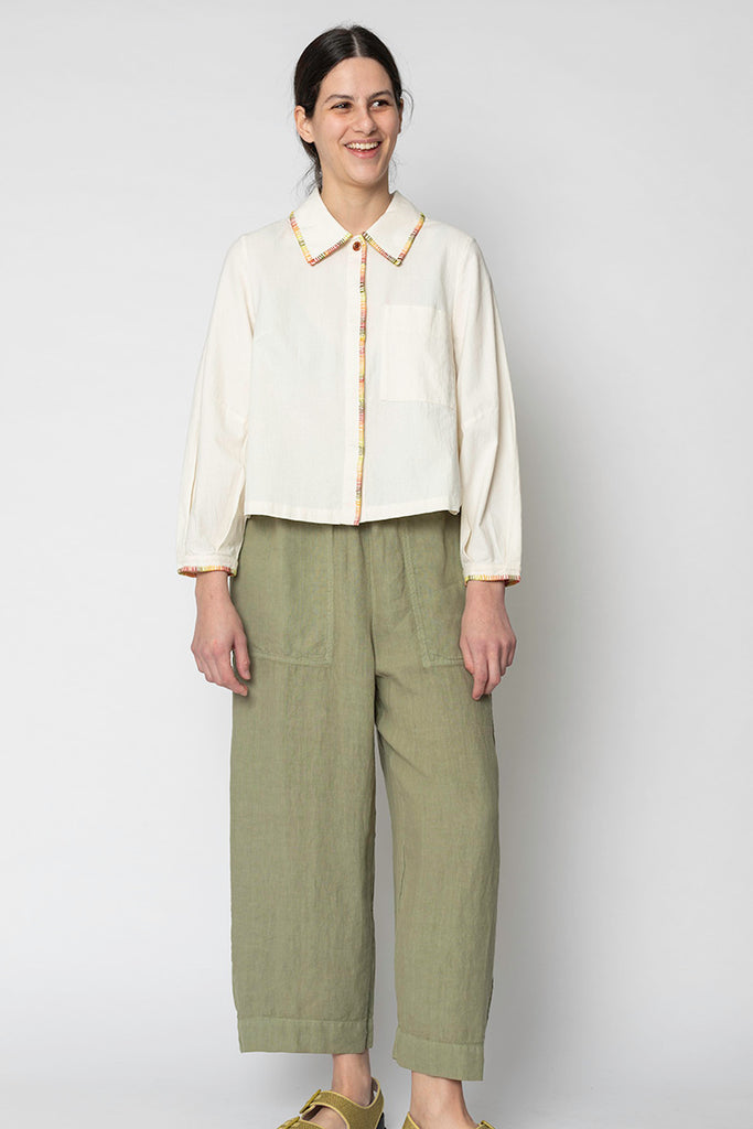 Garment Dyed Linen Barrel Leg Trousers - Salvia