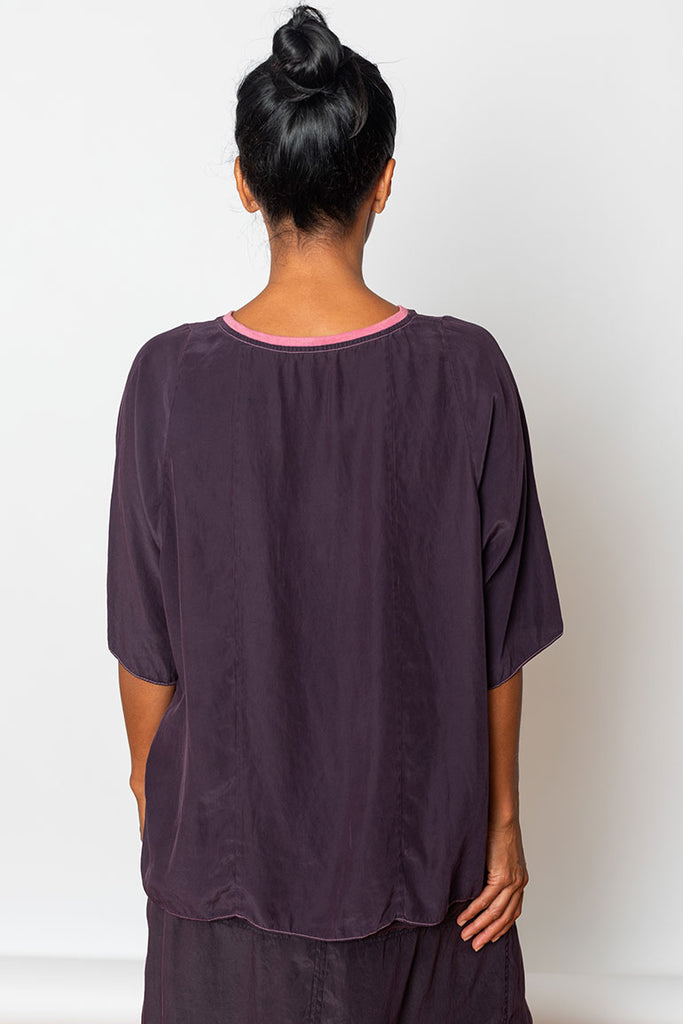 Garment Dyed Rib Neck Silk T-Shirt - Purple/Pink