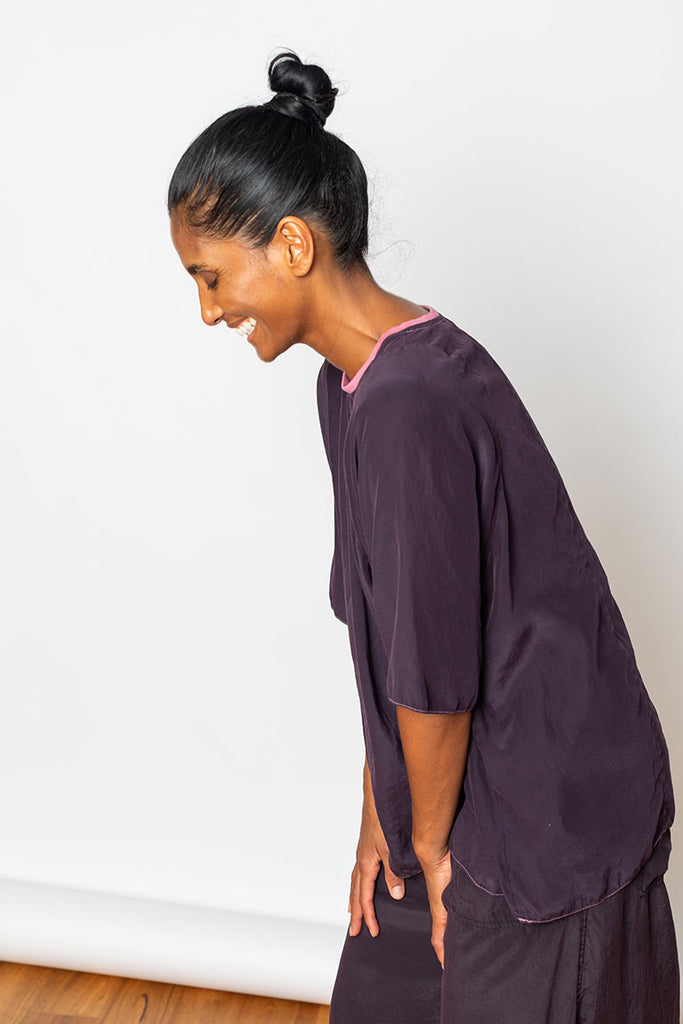 Garment Dyed Rib Neck Silk T-Shirt - Purple/Pink