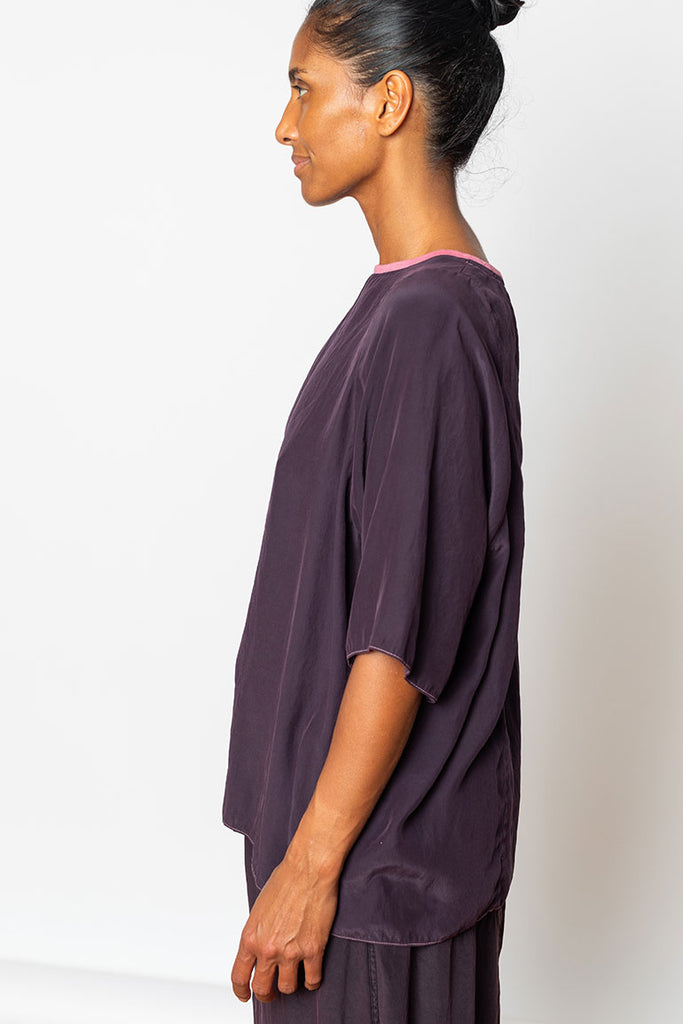 Garment Dyed Rib Neck Silk T-Shirt - Purple/Pink