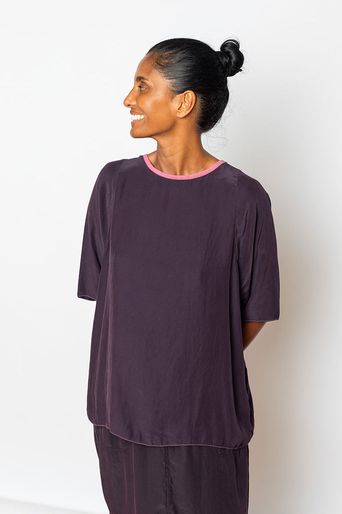 Garment Dyed Rib Neck Silk T-Shirt - Purple/Pink