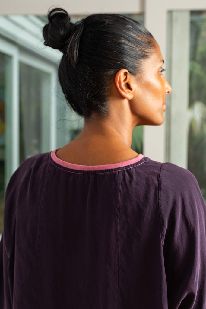 Garment Dyed Rib Neck Silk T-Shirt - Purple/Pink