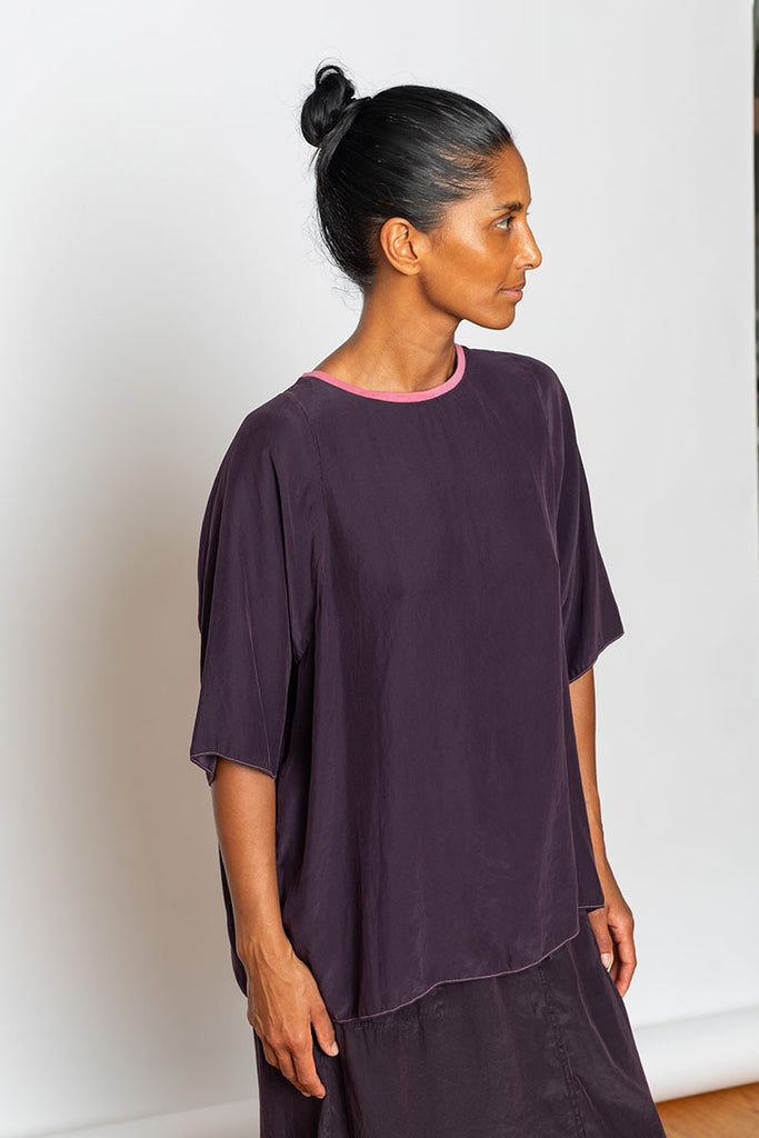 Garment Dyed Rib Neck Silk T-Shirt - Purple/Pink