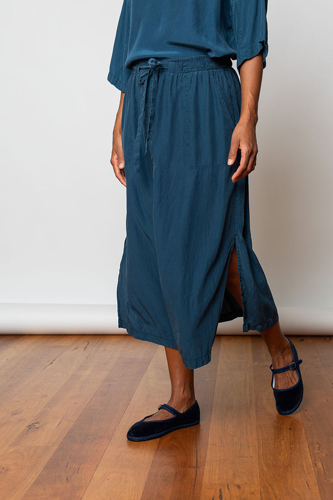 Garment Dyed Silk Drawstring Waist Skirt - Indigo