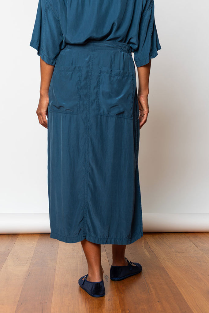 Garment Dyed Silk Drawstring Waist Skirt - Indigo