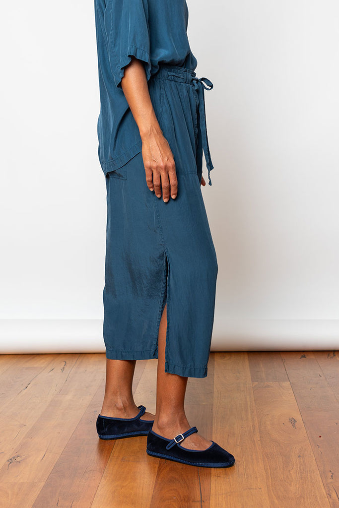 Garment Dyed Silk Drawstring Waist Skirt - Indigo