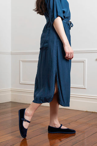 Garment Dyed Silk Drawstring Waist Skirt - Indigo