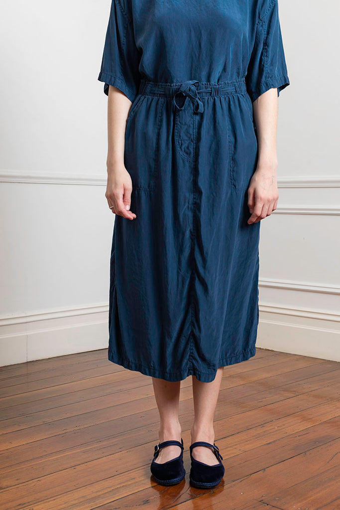 Garment Dyed Silk Drawstring Waist Skirt - Indigo