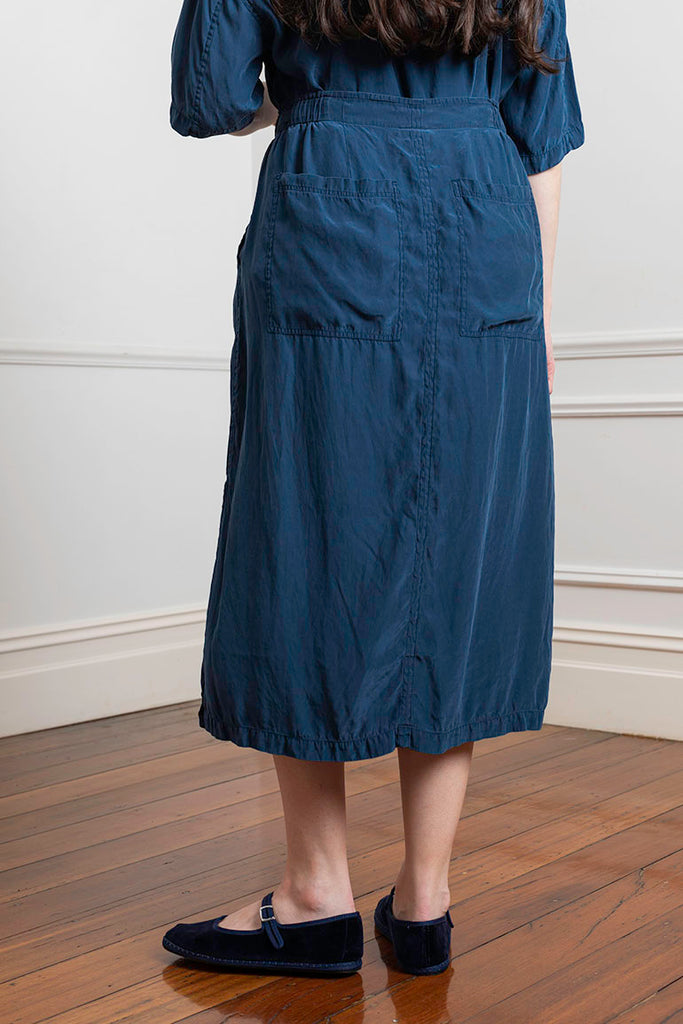 Garment Dyed Silk Drawstring Waist Skirt - Indigo