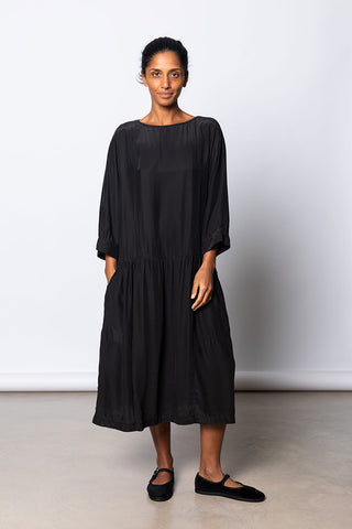 Garment Dyed Silk Drop Waist Dress - Black