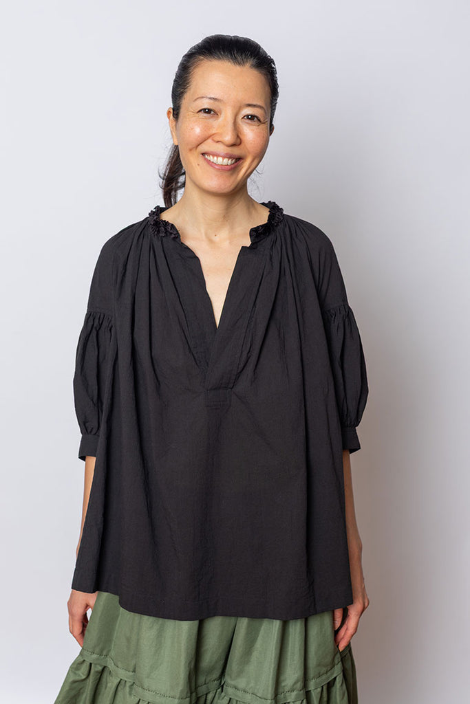 Gathered Pop Over Blouse - Black