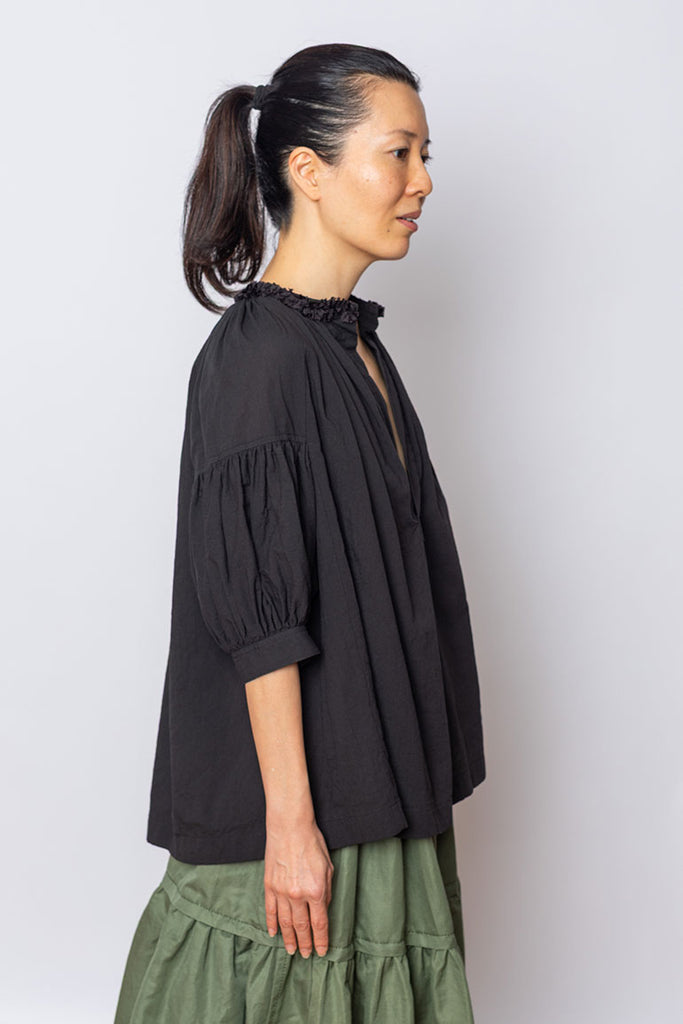 Gathered Pop Over Blouse - Black
