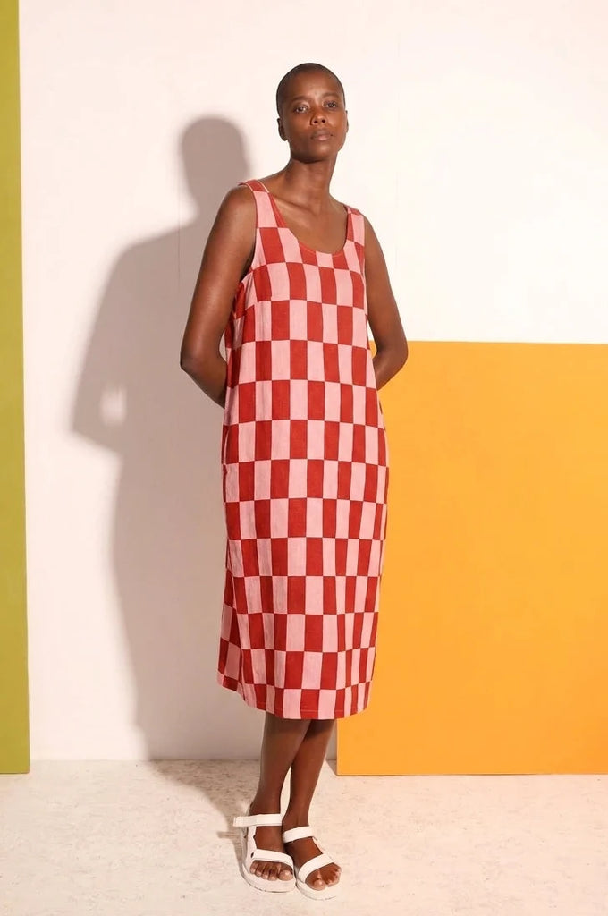 Printed Linen Slip - Brick Check