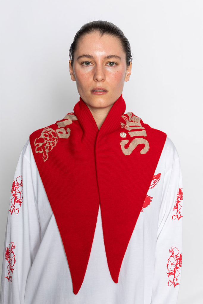 Graphic Logo Knit Neckerchief - Red/Oatmeal