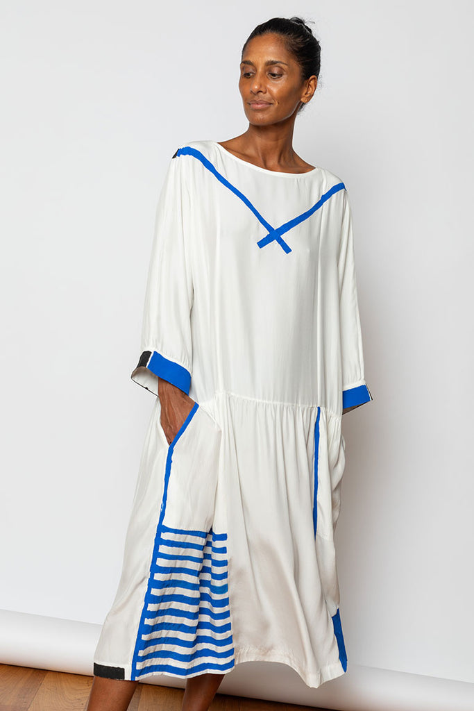 Hand Painted Silk Sailor Dress - White/Blue/Black