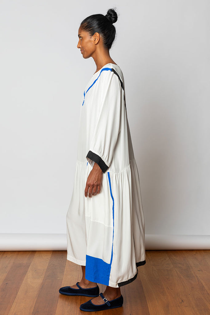 Hand Painted Silk Sailor Dress - White/Blue/Black