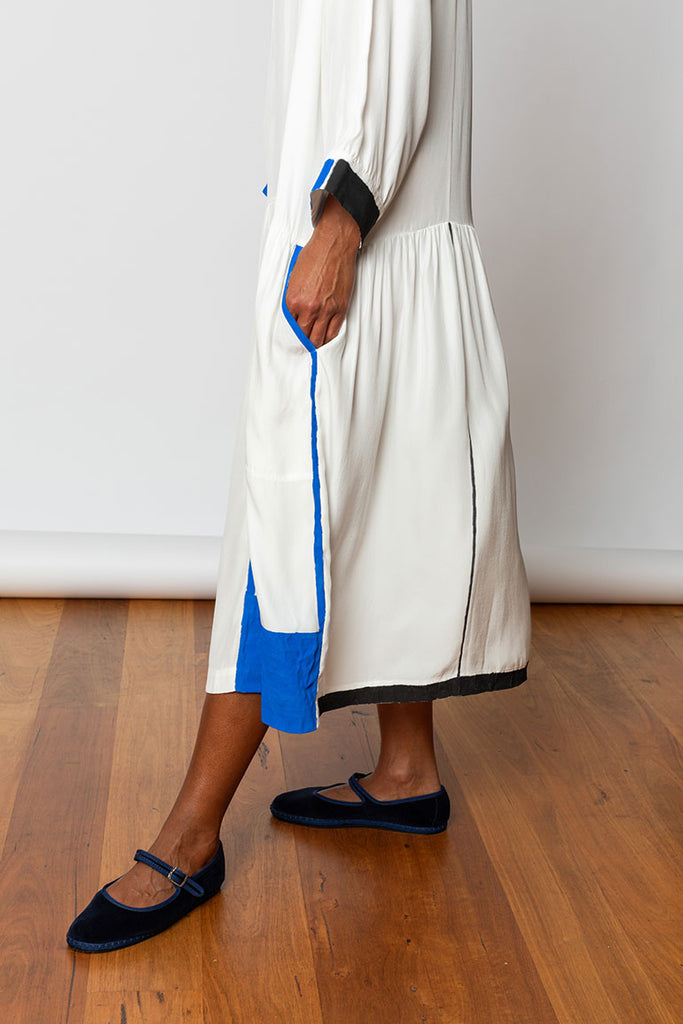 Hand Painted Silk Sailor Dress - White/Blue/Black