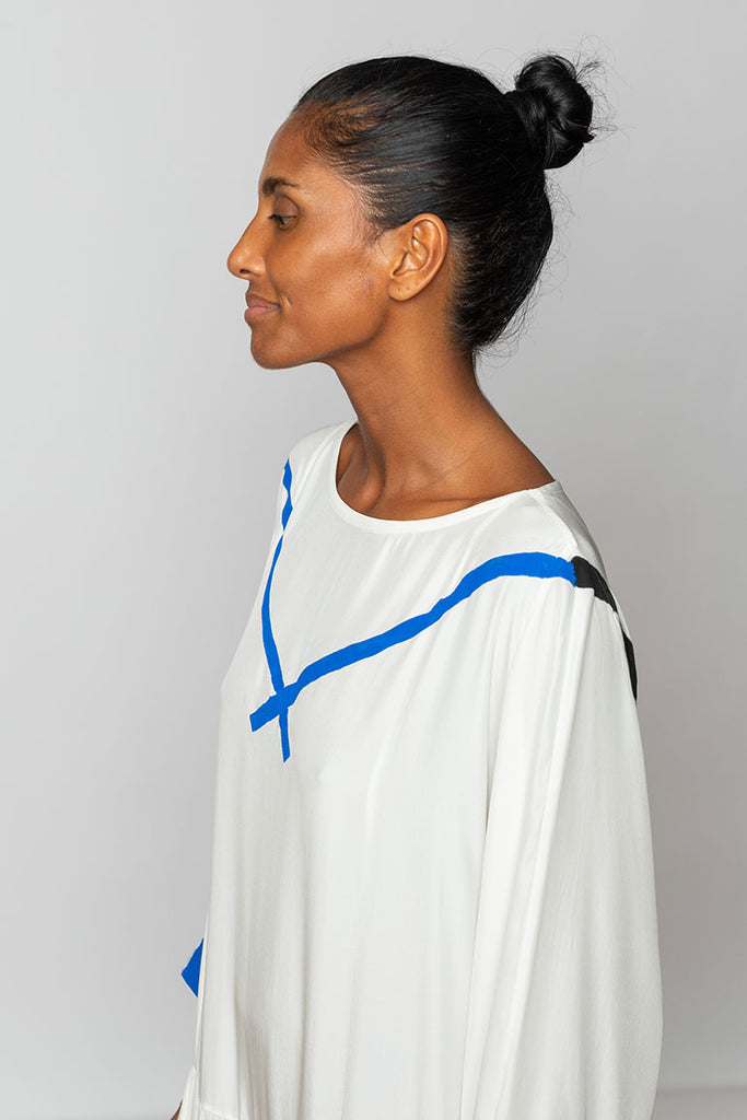 Hand Painted Silk Sailor Dress - White/Blue/Black