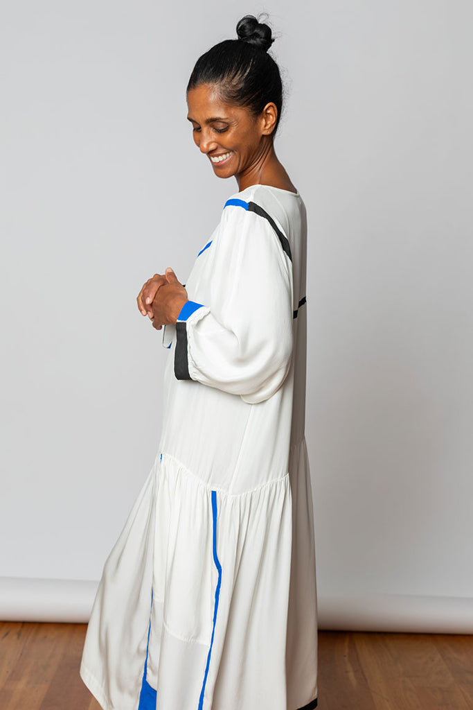 Hand Painted Silk Sailor Dress - White/Blue/Black