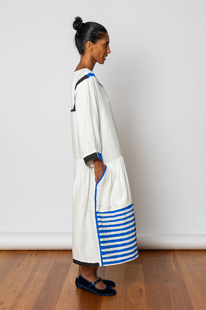 Hand Painted Silk Sailor Dress - White/Blue/Black