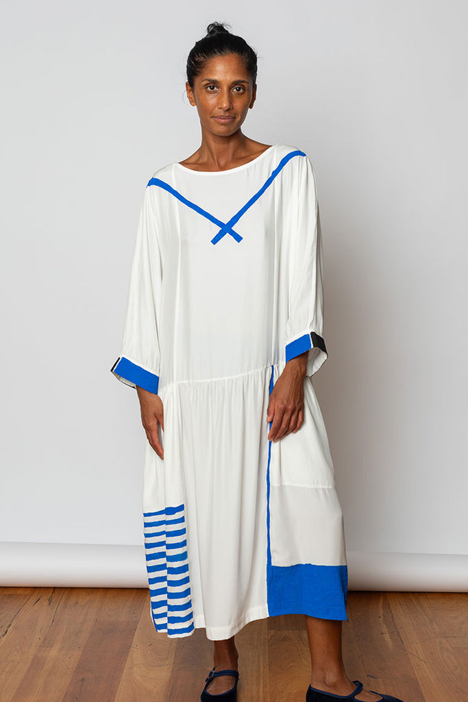 Hand Painted Silk Sailor Dress - White/Blue/Black