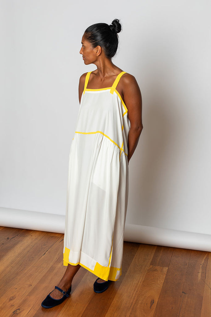 Hand Painted  Silk Sunshine  Dress - White/Yellow