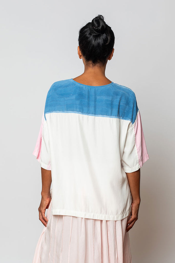 Hand Painted Silk T-Shirt - Pink/Blue