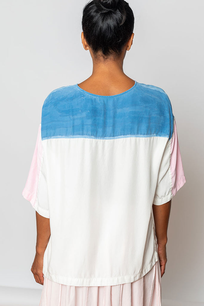 Hand Painted Silk T-Shirt - Pink/Blue