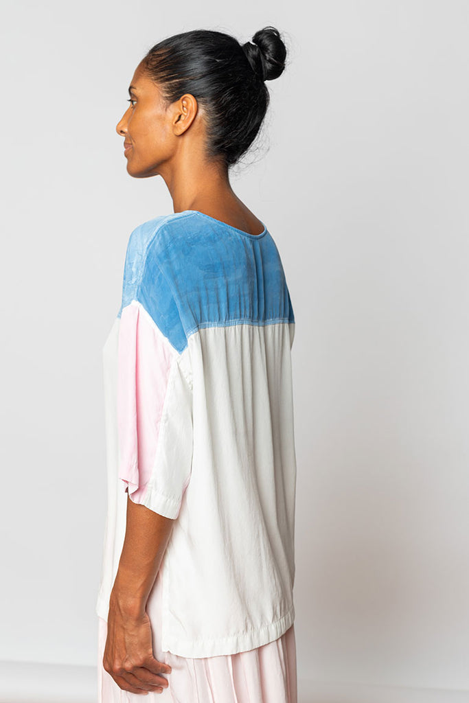 Hand Painted Silk T-Shirt - Pink/Blue