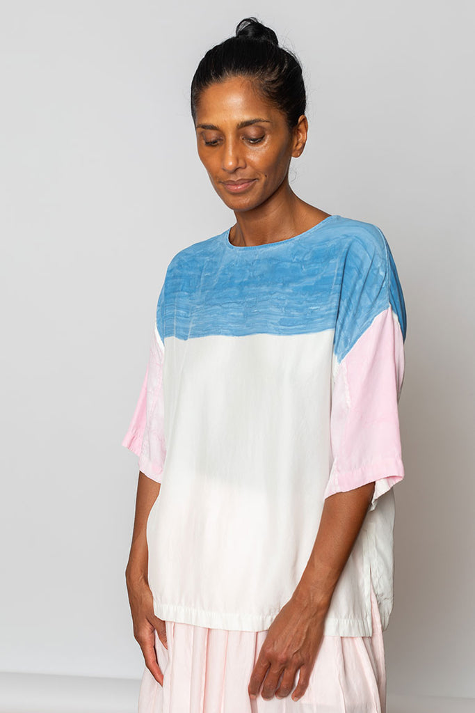 Hand Painted Silk T-Shirt - Pink/Blue