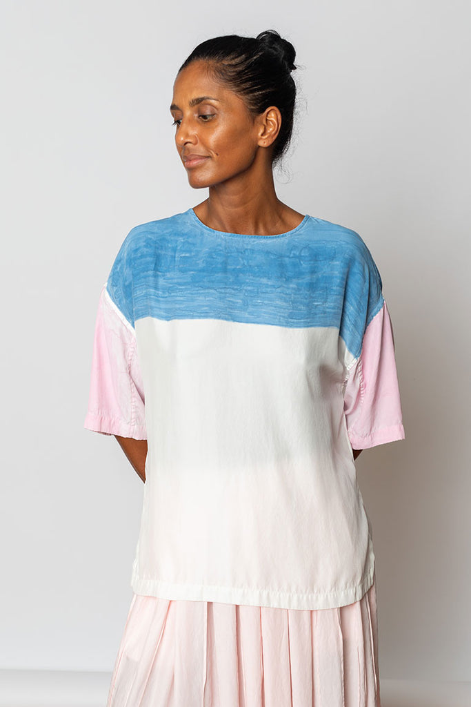 Hand Painted Silk T-Shirt - Pink/Blue