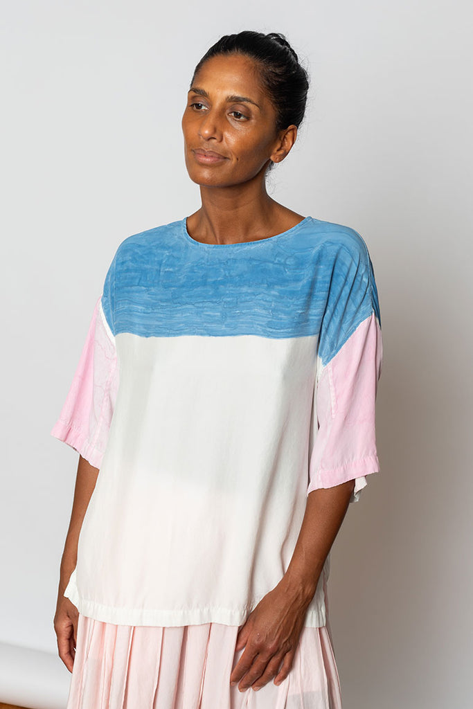 Hand Painted Silk T-Shirt - Pink/Blue