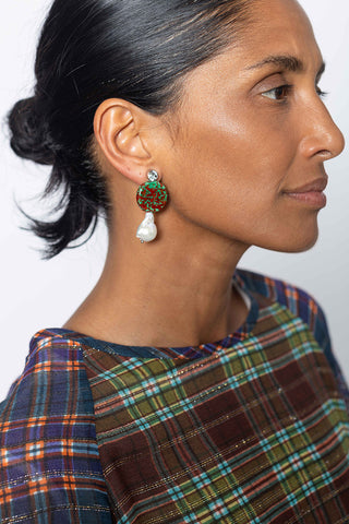 Handmade Painted & Pearl Earrings - Forest