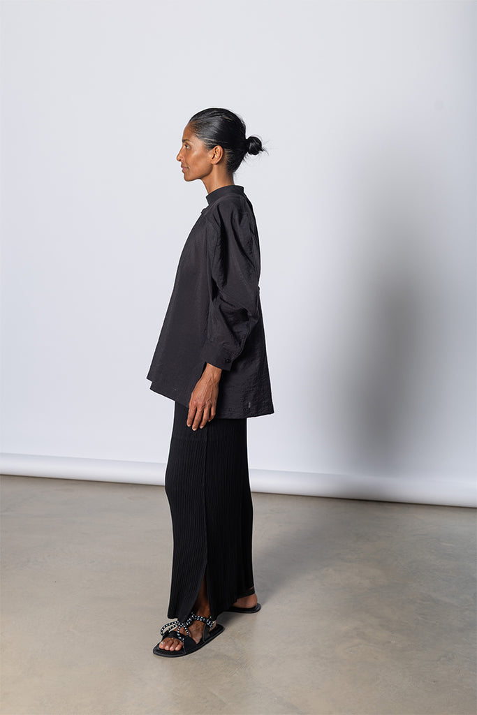 Hatching Pleats Wide Leg Pants - Black
