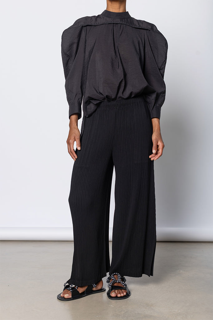 Hatching Pleats Wide Leg Pants - Black