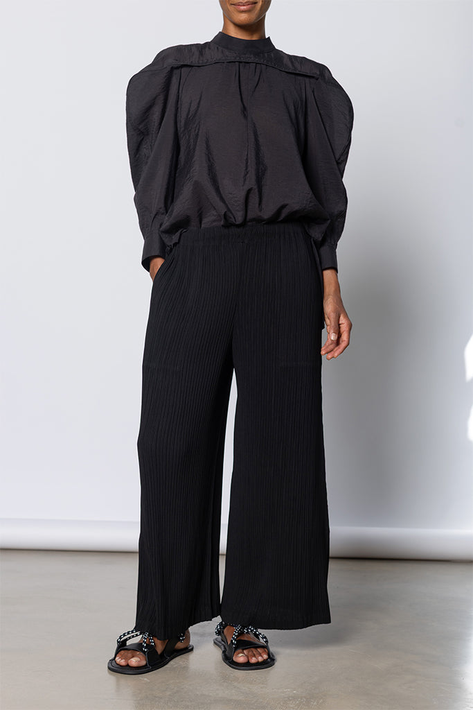 Hatching Pleats Wide Leg Pants - Black