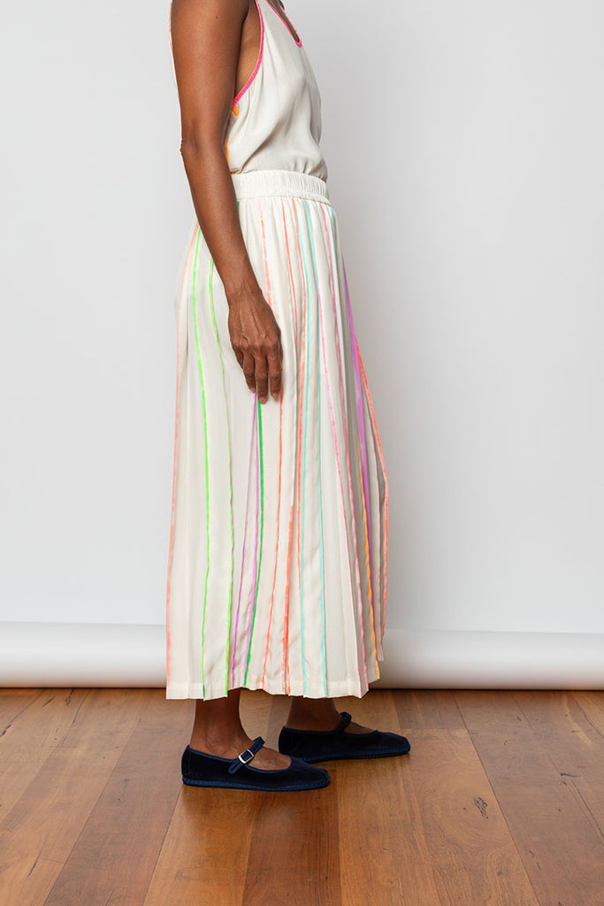 Highlighter Silk Pleated Skirt - White/Multi