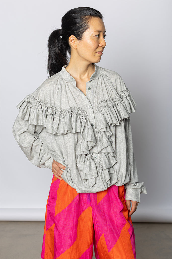 Hunver Ruffled Jersey Blouse - Grey Marle