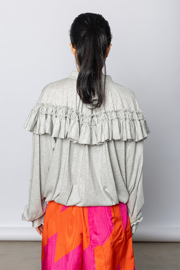 Hunver Ruffled Jersey Blouse - Grey Marle