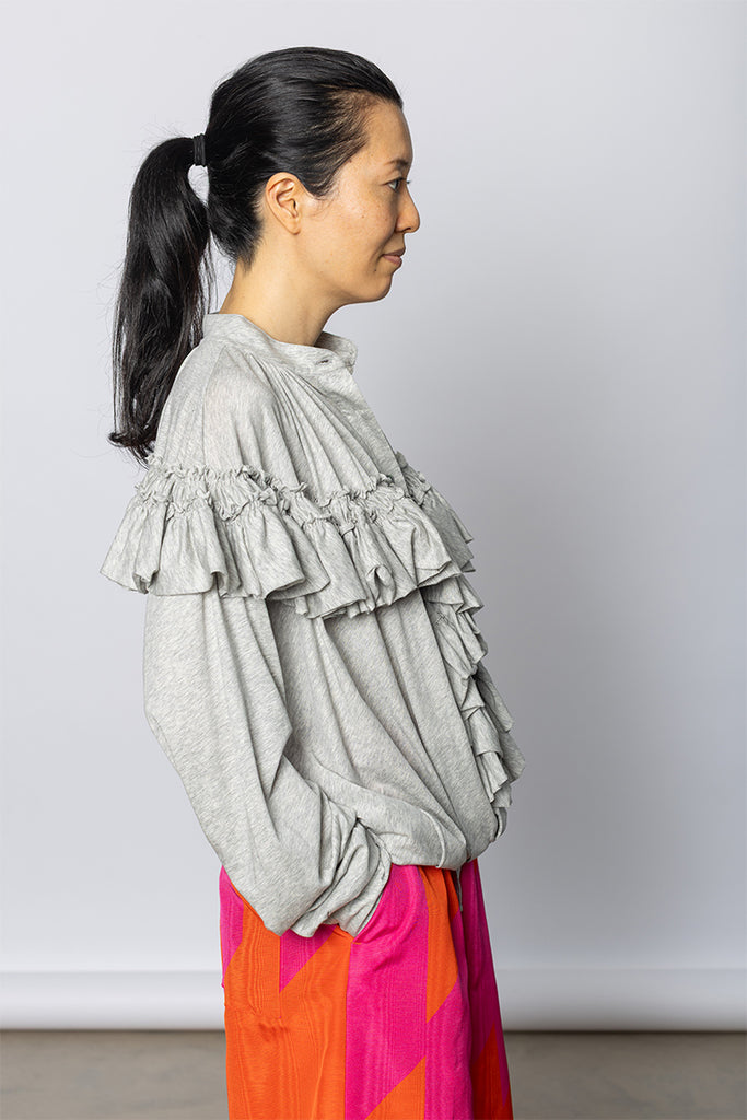 Hunver Ruffled Jersey Blouse - Grey Marle