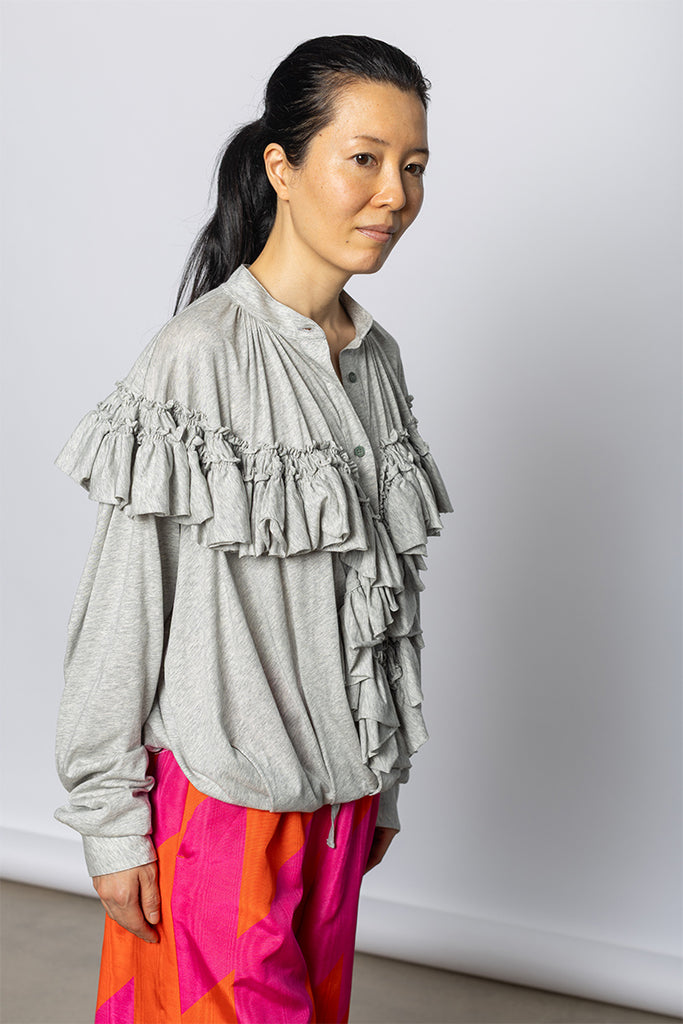 Hunver Ruffled Jersey Blouse - Grey Marle