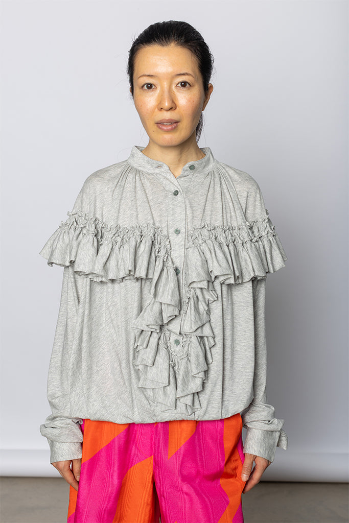 Hunver Ruffled Jersey Blouse - Grey Marle