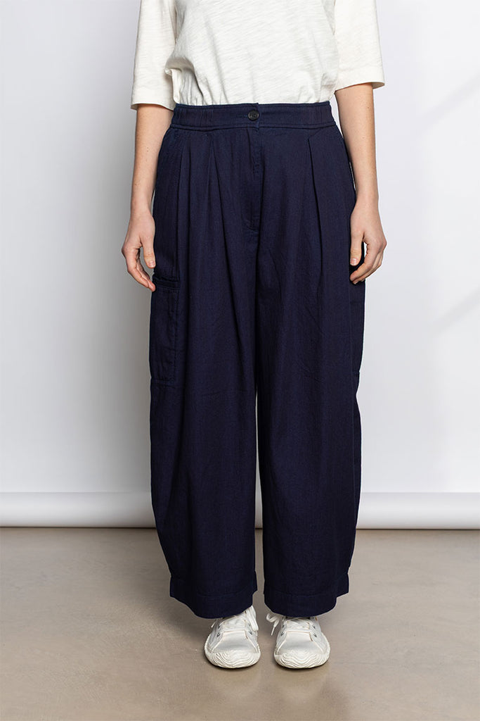 Indigo Cotton Twill Wide Leg Trousers - Indigo