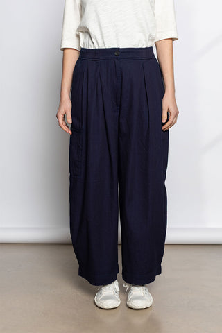Indigo Cotton Twill Wide Leg Trousers - Indigo