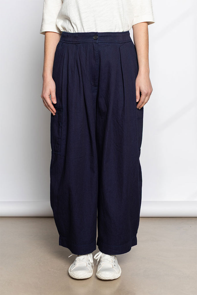Indigo Cotton Twill Wide Leg Trousers - Indigo