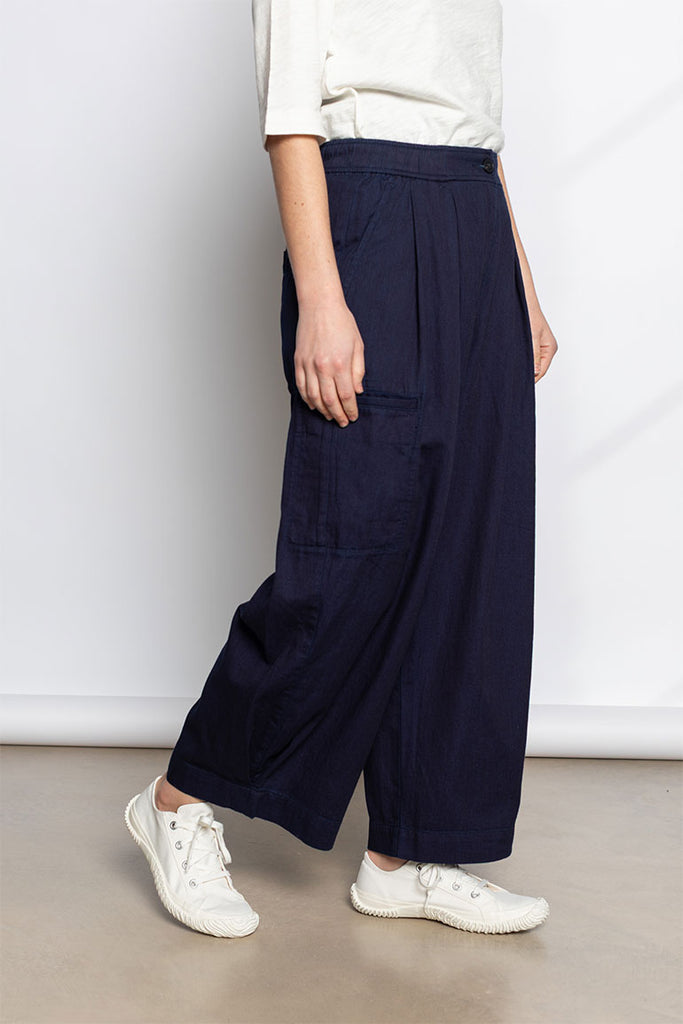 Indigo Cotton Twill Wide Leg Trousers - Indigo