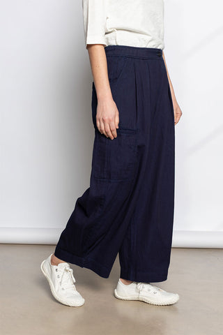 Indigo Cotton Twill Wide Leg Trousers - Indigo