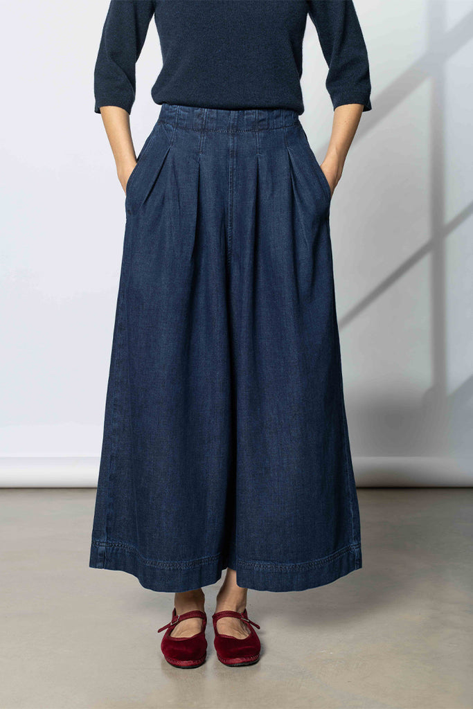 Indigo Denim Pull On Cropped Trousers
