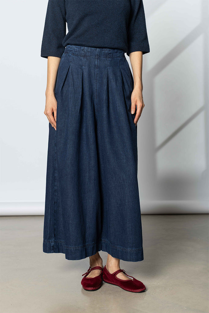 Indigo Denim Pull On Cropped Trousers