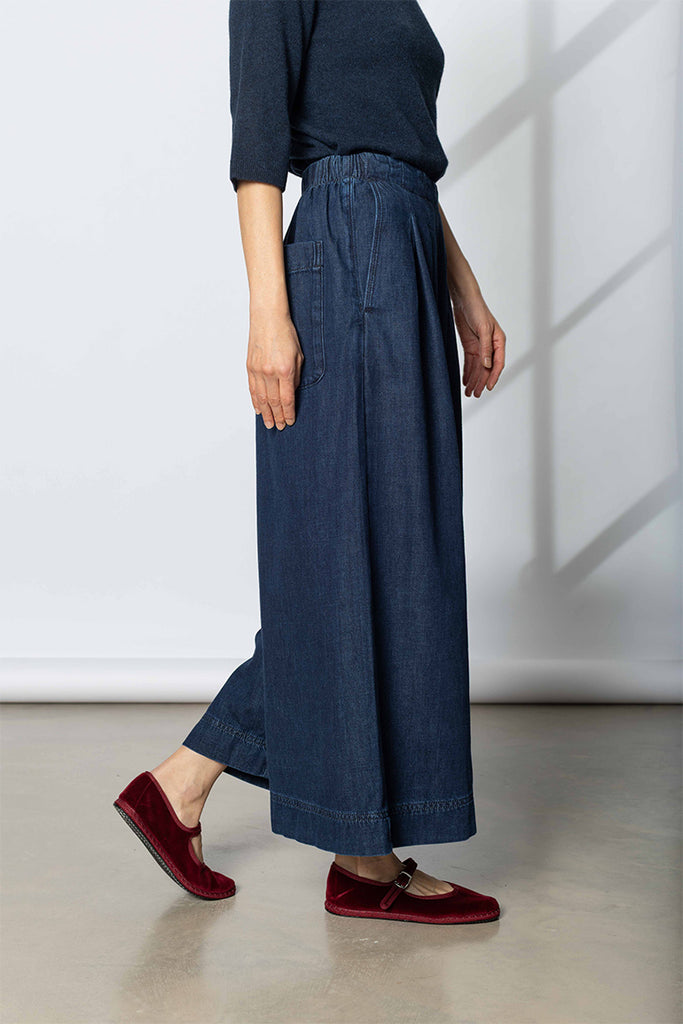 Indigo Denim Pull On Cropped Trousers